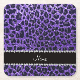 Custom name purple glitter leopard spots square paper coaster