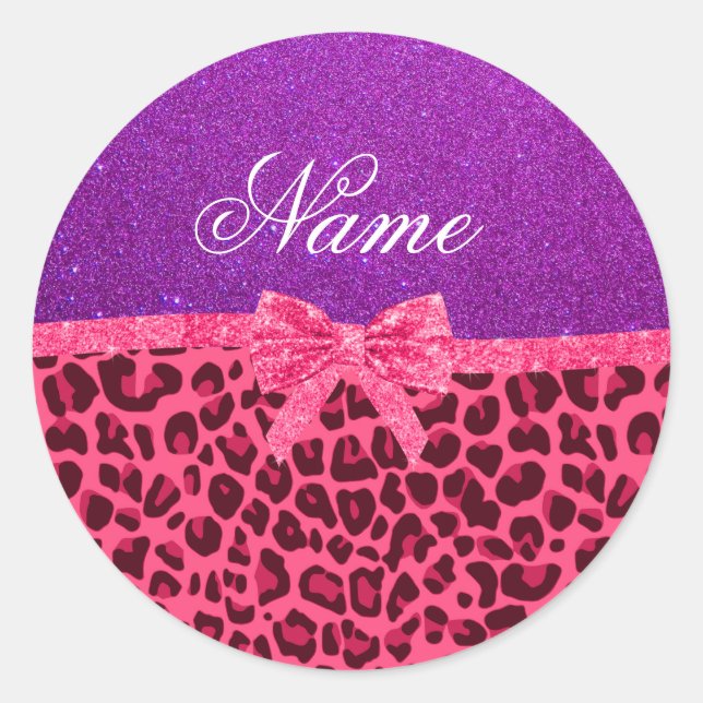 Custom name purple glitter pink leopard bow classic round sticker (Front)