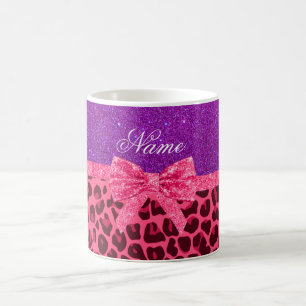 Custom name purple glitter pink leopard bow coffee mug