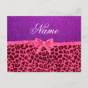 Custom name purple glitter pink leopard bow postcard
