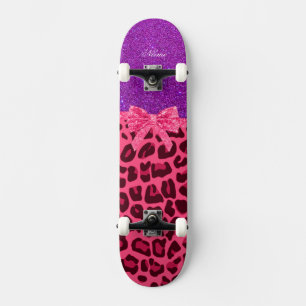 Custom name purple glitter pink leopard bow skateboard