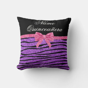 Custom name purple glitter zebra quinceañera cushion