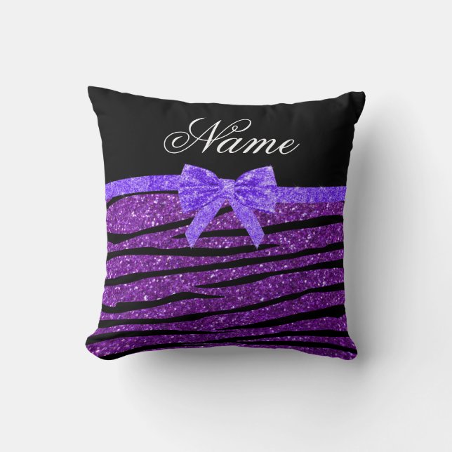 Custom name purple glitter zebra stripes bow cushion (Front)