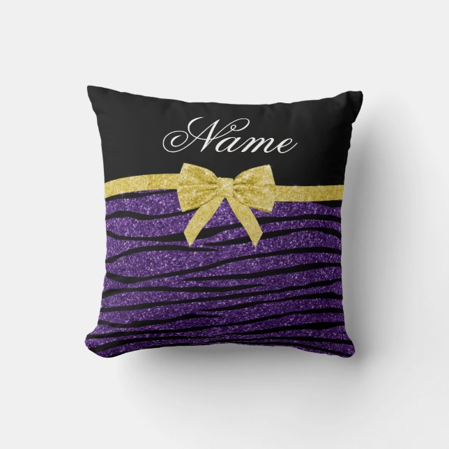 Custom name purple glitter zebra stripes gold bow cushion (Front)