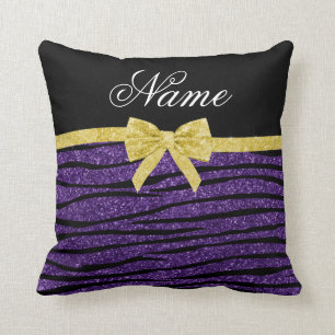 Custom name purple glitter zebra stripes gold bow cushion