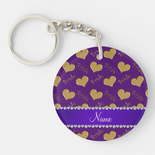 Custom name purple gold bride hearts key ring (Front)