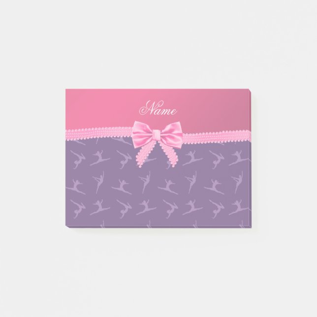 Custom name purple gymnastics pink bow post-it notes (Front)