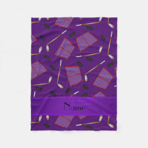 Custom name purple hockey sticks pucks nets fleece blanket