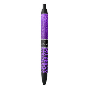 Custom name purple leopard indigo purple glitter black ink pen