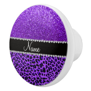 Custom name purple leopard indigo purple glitter ceramic knob
