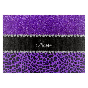 Custom name purple leopard indigo purple glitter cutting board