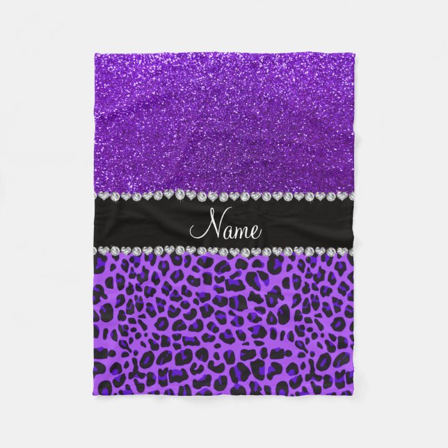 Custom name purple leopard indigo purple glitter fleece blanket (Front)