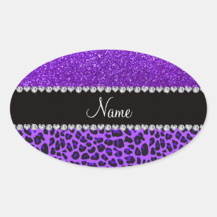 Custom name purple leopard indigo purple glitter oval sticker