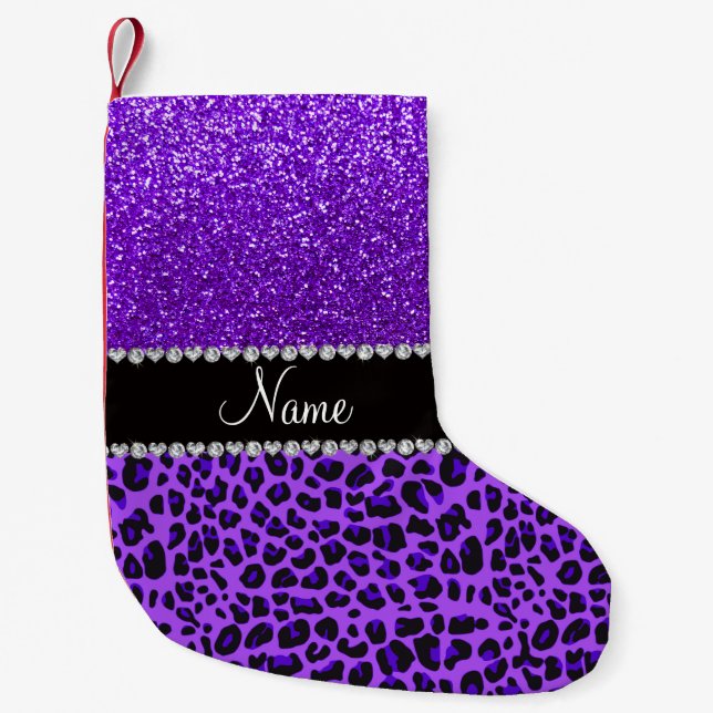 Custom name purple leopard indigo purple glitter small christmas stocking (Front)