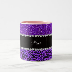 Custom name purple leopard indigo purple glitter Two-Tone coffee mug
