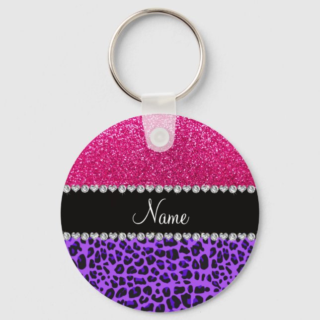 Custom name purple leopard neon hot pink glitter key ring (Front)