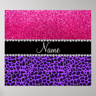 Custom name purple leopard neon hot pink glitter poster