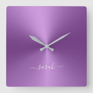 Custom Name Purple Metallic Style Acrylic Square Wall Clock