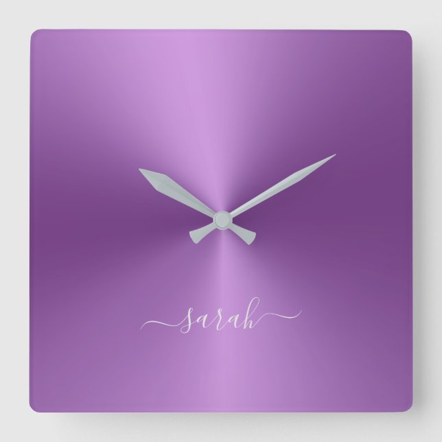 Custom Name Purple Metallic Style Acrylic Square Wall Clock (Front)