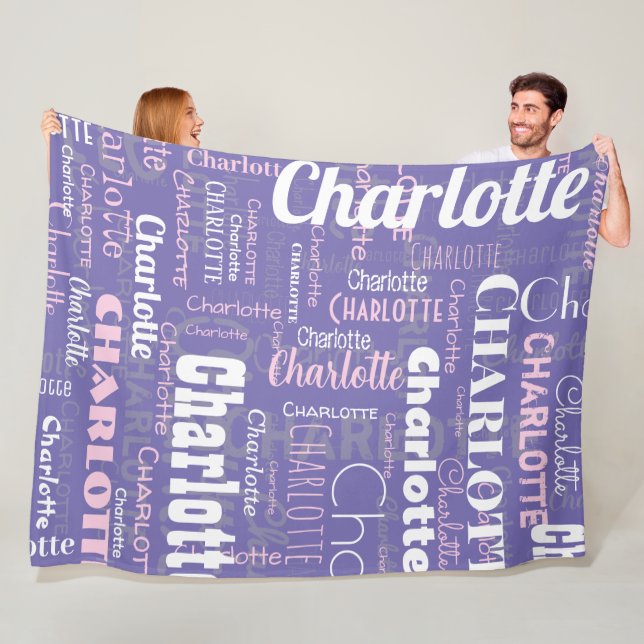 Custom Name Purple Pink Repeating Graffiti Pattern Fleece Blanket (In Situ)