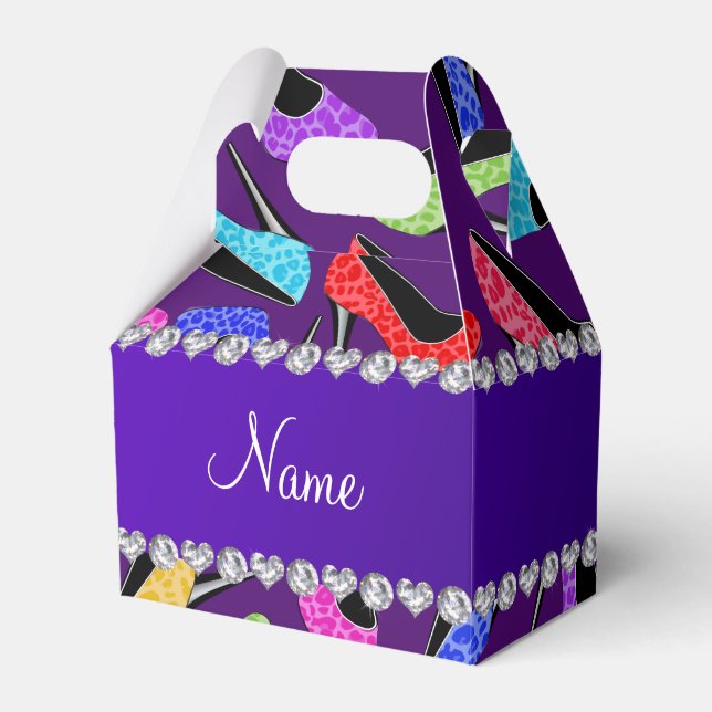 Custom name purple rainbow leopard high heels favour box (Front Side)