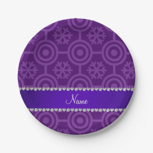 Custom name purple retro snowflakes paper plate
