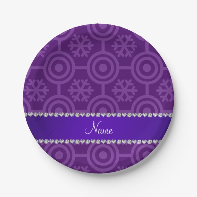 Custom name purple retro snowflakes paper plate (Front)