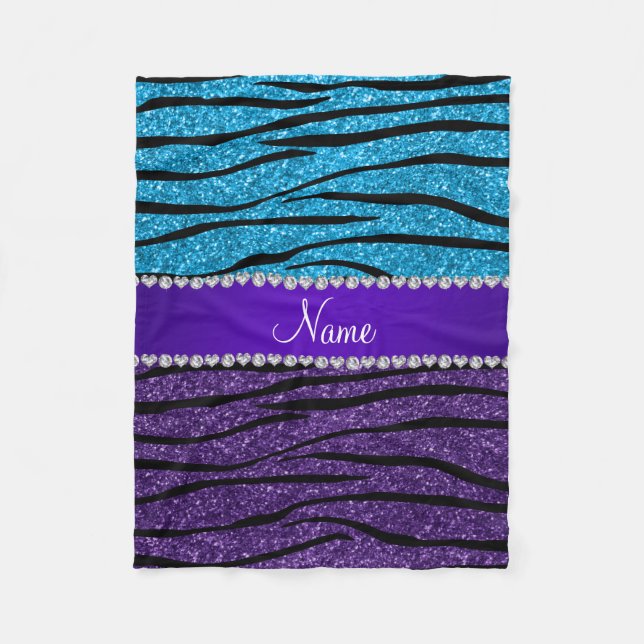 Custom name purple sky blue glitter zebra stripes fleece blanket (Front)