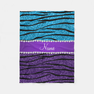 Custom name purple sky blue glitter zebra stripes fleece blanket