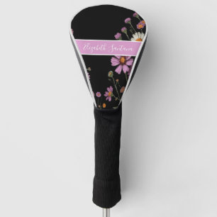 Custom Name Purple & White Flowers on Black Golf Head Cover