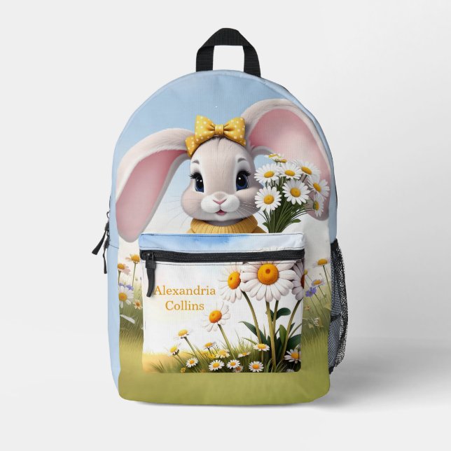 Custom Name Rabbit with white daisies Printed Backpack (Front)