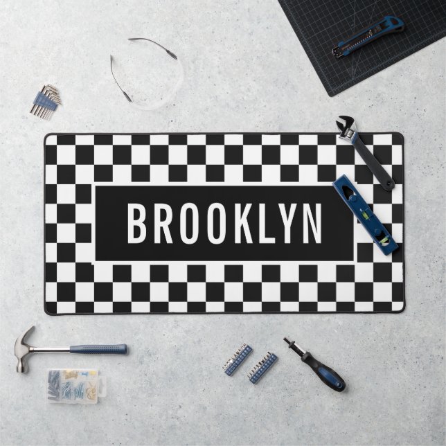 Custom Name Racing Chequerboard Pattern Classic Desk Mat (Workstation)