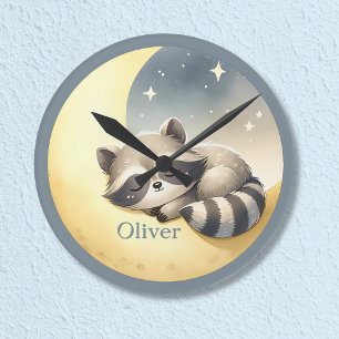 Custom Name Racoon on the Moon Cute Kids Nursery  Round Clock