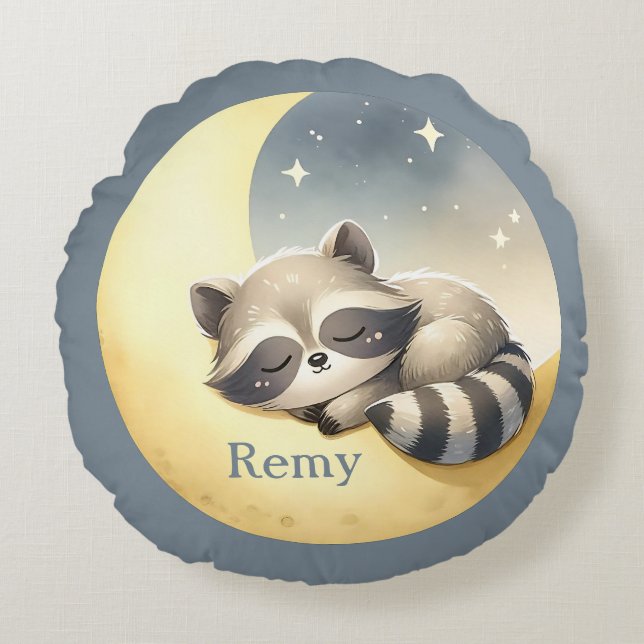 Custom Name Racoon on the Moon Cute Nursery Round Cushion (Front)