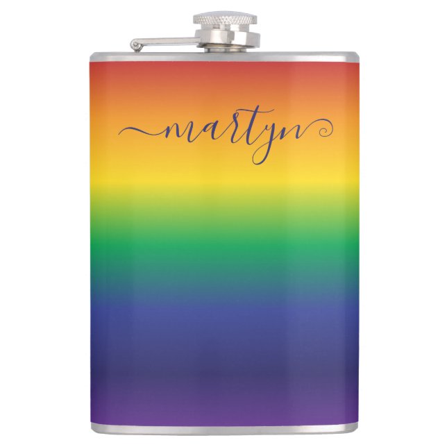Custom Name Rainbow Colour Stripes Hip Flask (Front)
