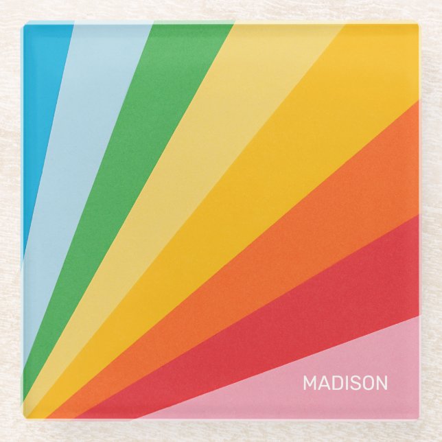 Custom Name Rainbow Colours Glass Coaster (Front)
