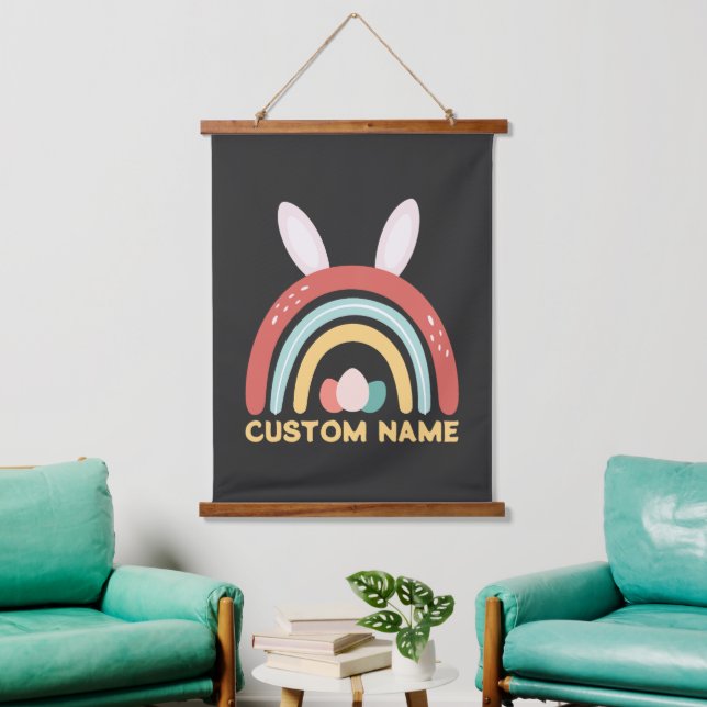 Custom Name Rainbow Egg Bunny Ear Cute Easter Hanging Tapestry (Living Room)