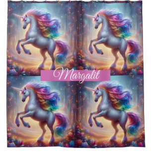 Custom Name Rainbow Faux Glitter Unicorn Shower Curtain