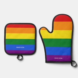 Custom Name Rainbow Flag Oven Mitt & Pot Holder Set