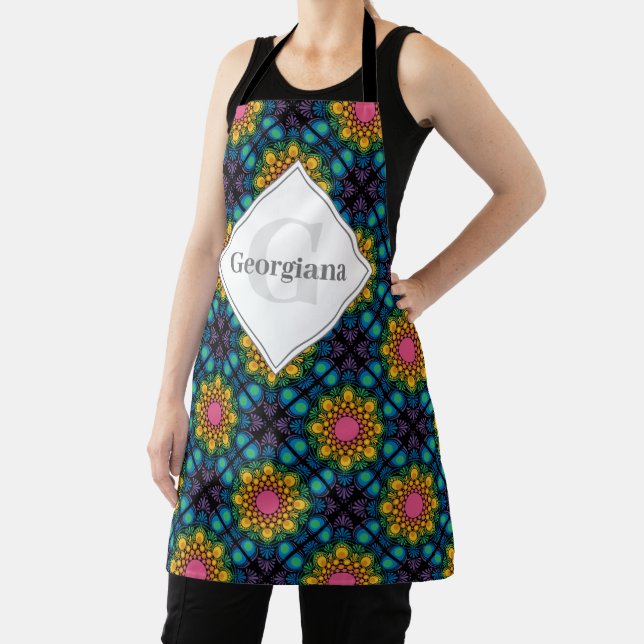 Custom Name Rainbow Floral Fountain Diamond Tiles Apron (Insitu)