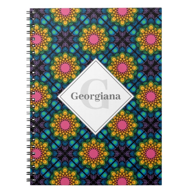 Custom Name Rainbow Floral Fountain Diamond Tiles Notebook (Front)