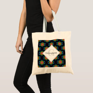 Custom Name Rainbow Floral Fountain Mid Mod Ogee Tote Bag