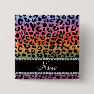 Custom name rainbow glitter cheetah print 15 cm square badge