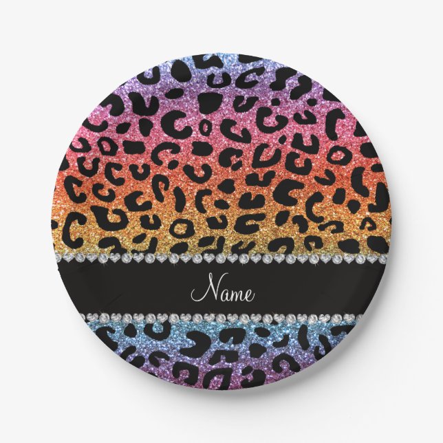 Custom name rainbow glitter cheetah print paper plate (Front)