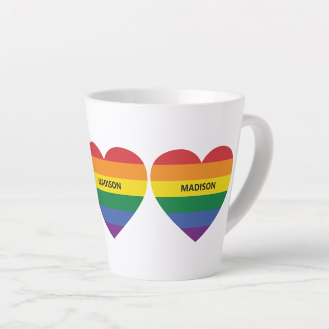 Custom Name Rainbow Heart Latte Mug (Right Angle)