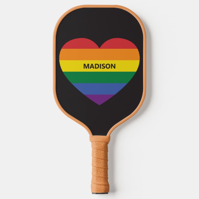 Custom Name Rainbow Heart Pickleball Paddle (Front)