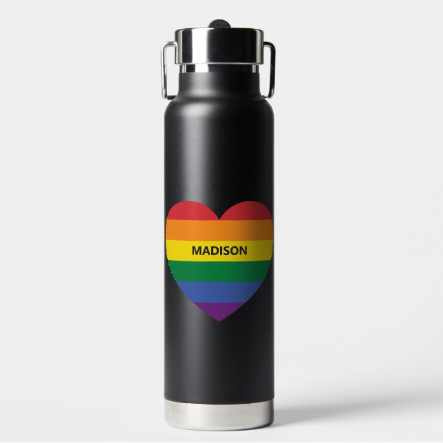 Custom Name Rainbow Heart Water Bottle (Front)