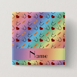 Custom name rainbow stethoscope bandage heart 15 cm square badge