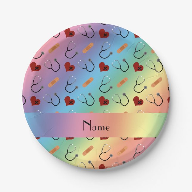 Custom name rainbow stethoscope bandage heart paper plate (Front)