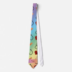 Custom name rainbow stethoscope bandage heart tie
